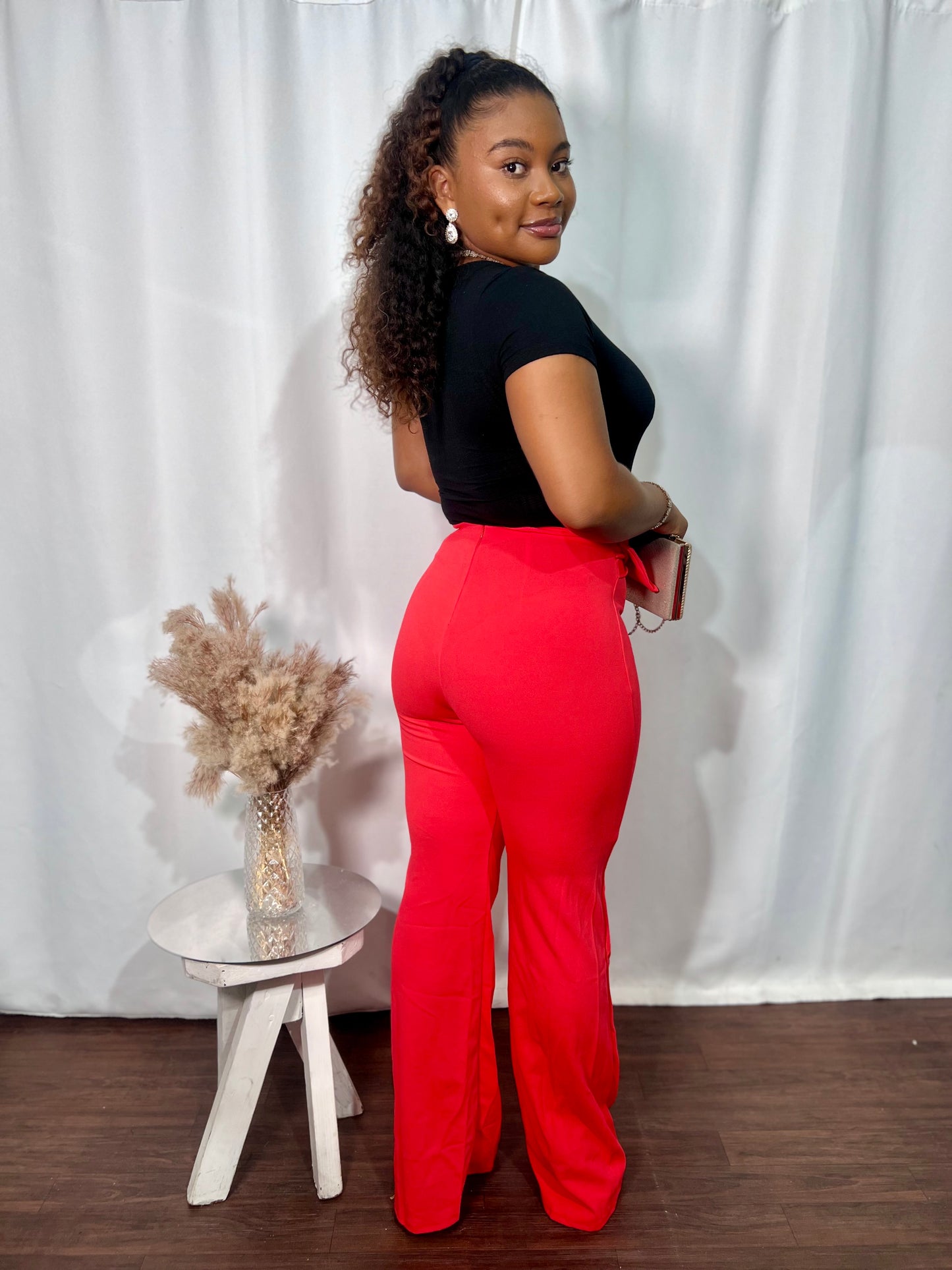 TIE-BELT FLARED-LEG PANTS