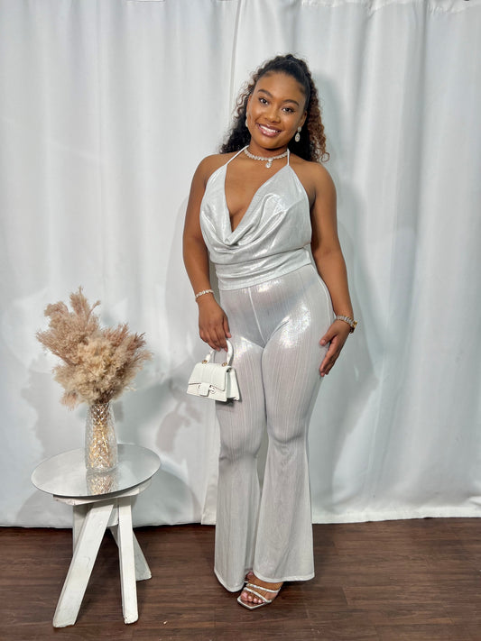 METALLIC HALTER NECK 2-PC PANTS SET
