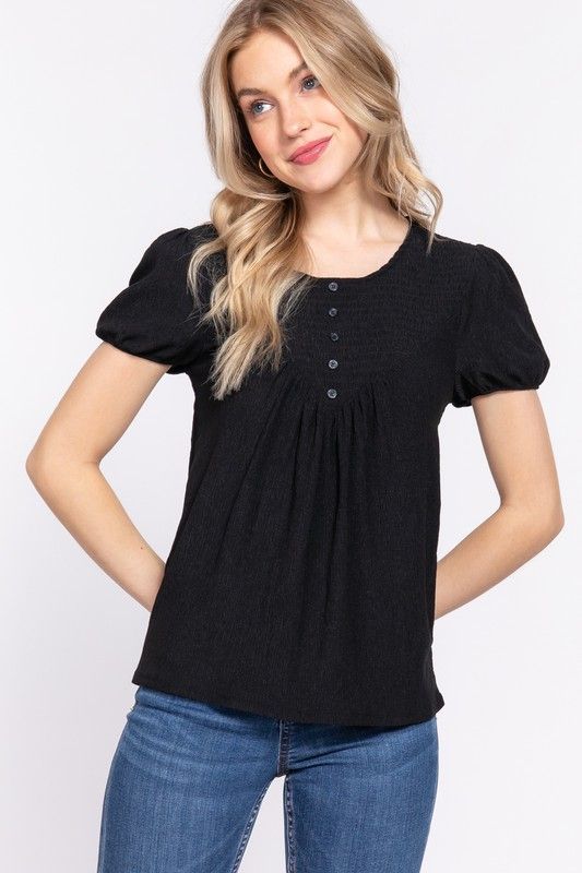 PUFF SLEEVE BUTTONS HENLEY TOP