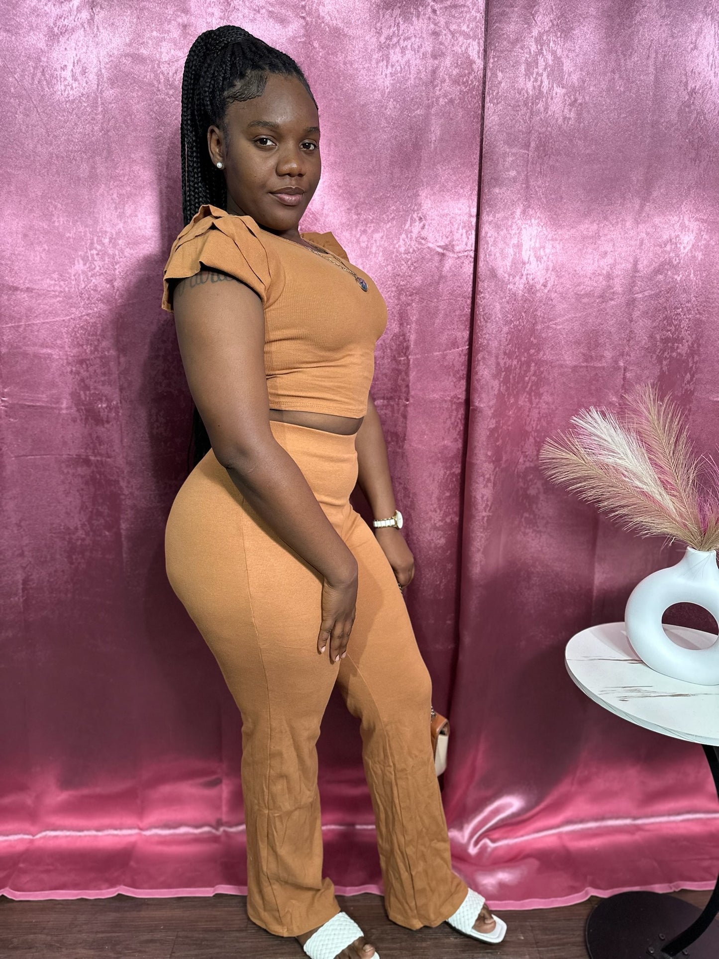 PUFF SLEEVE RIBBED FLARE SET