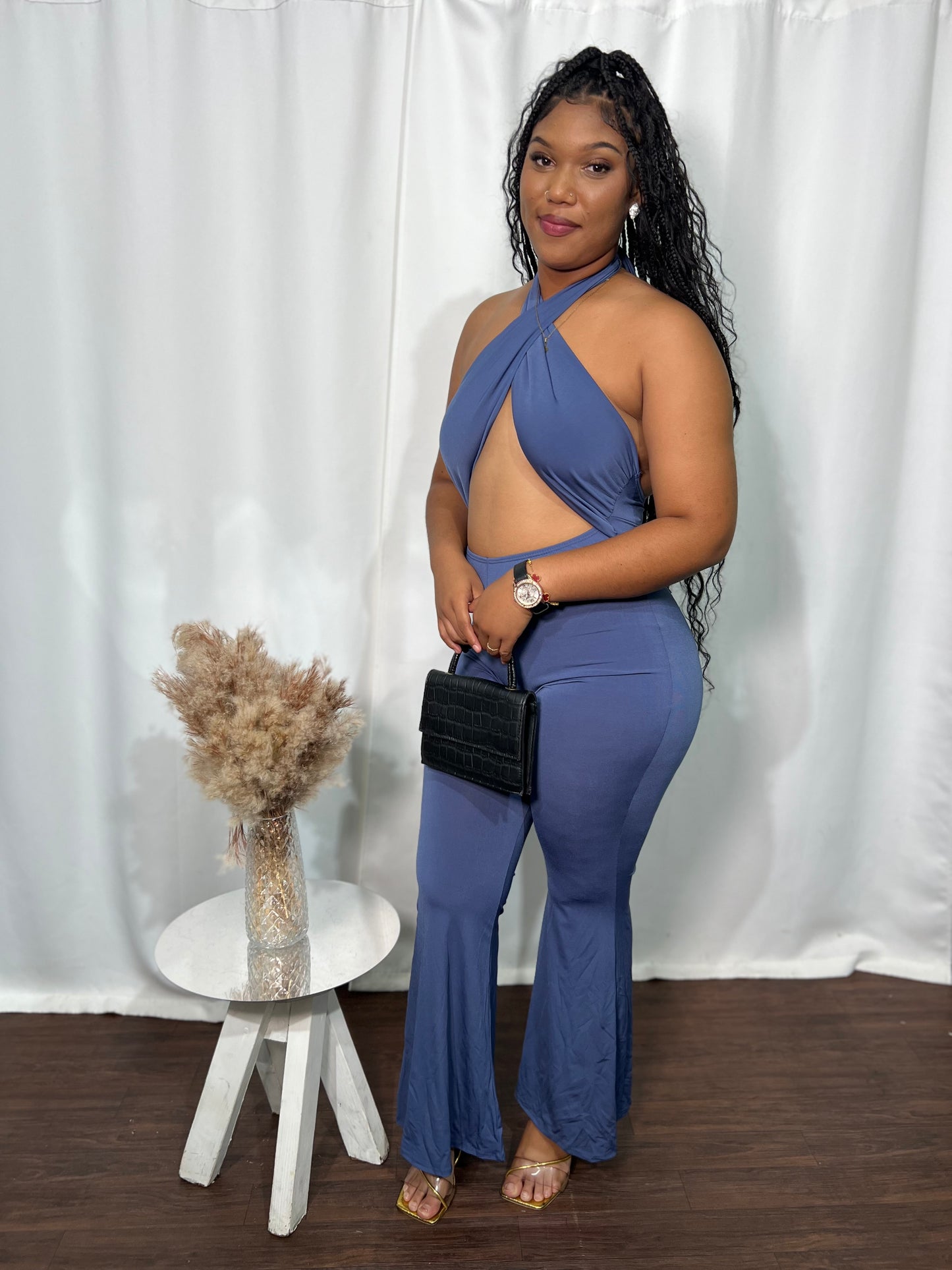 CRISS-CROSS HALTER NECK, BACKLESS JUMPSUIT