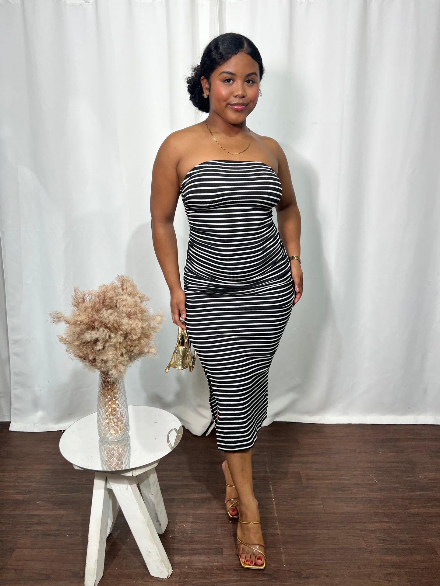 STRIPPED TUBE MIDI DRESS