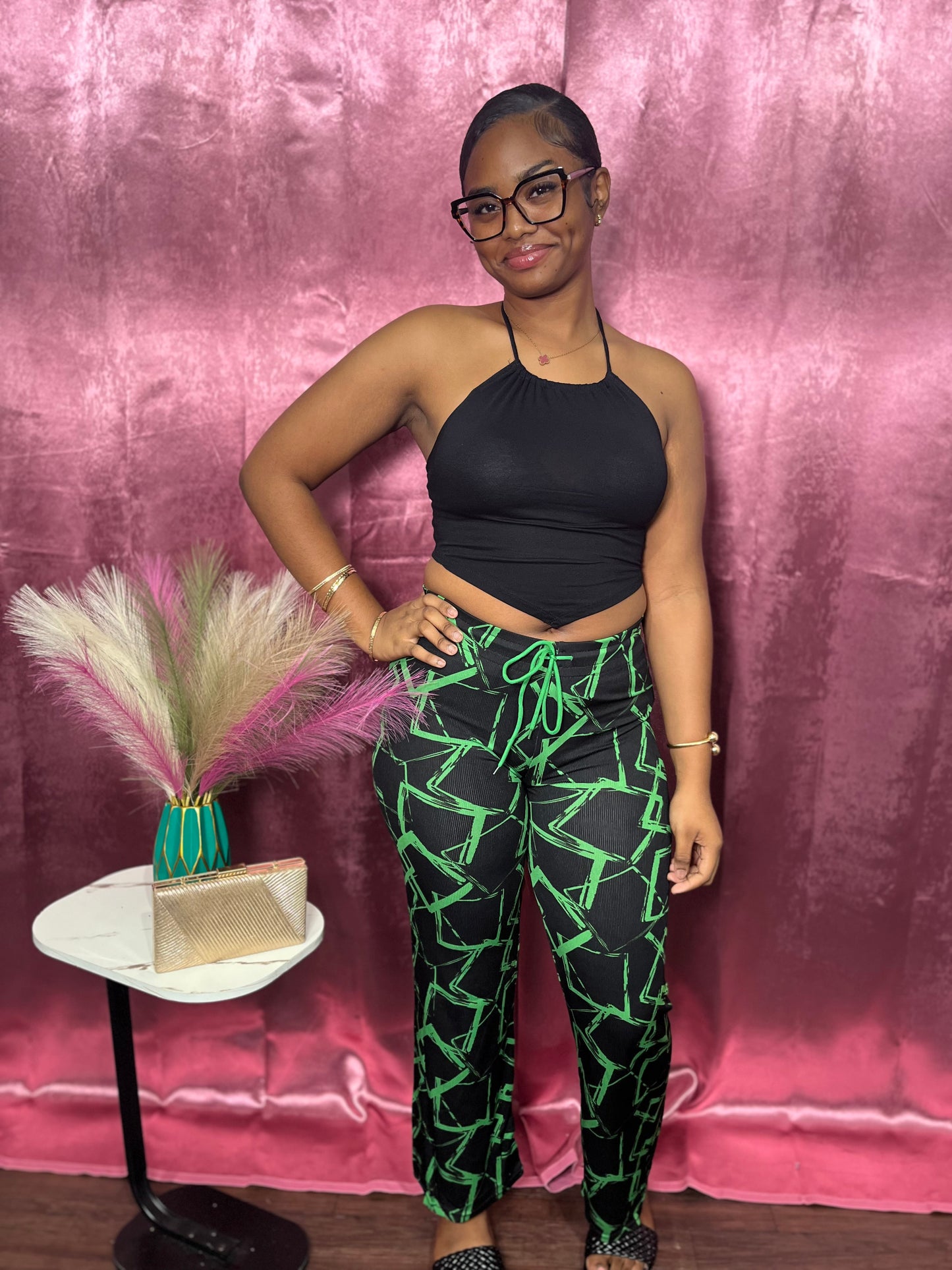 PRINTED RIBBED DRAWSTRING PANTS