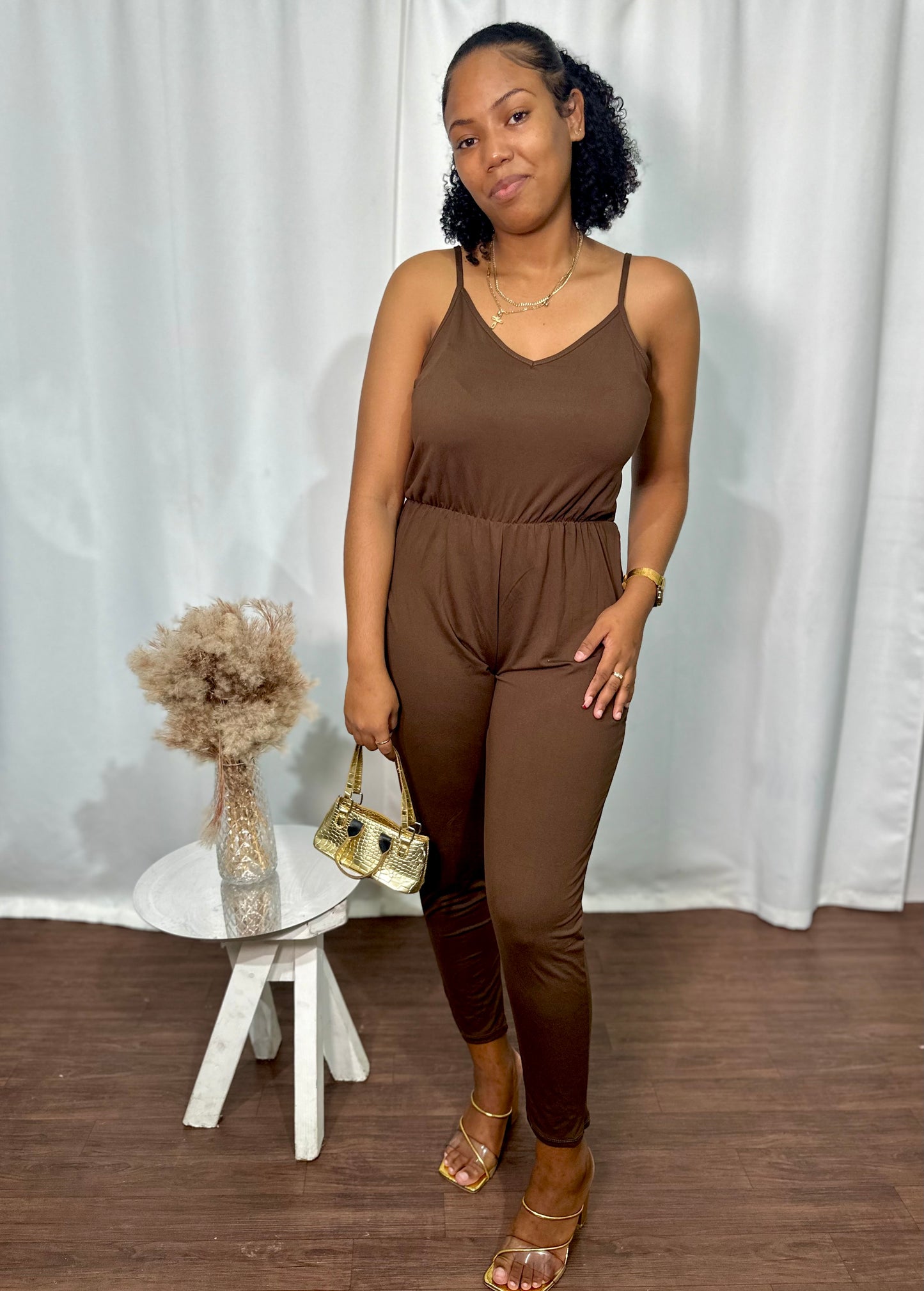 SPAGHETTI STRAP, ELASTIC WAIST BAGGY JUMPSUIT