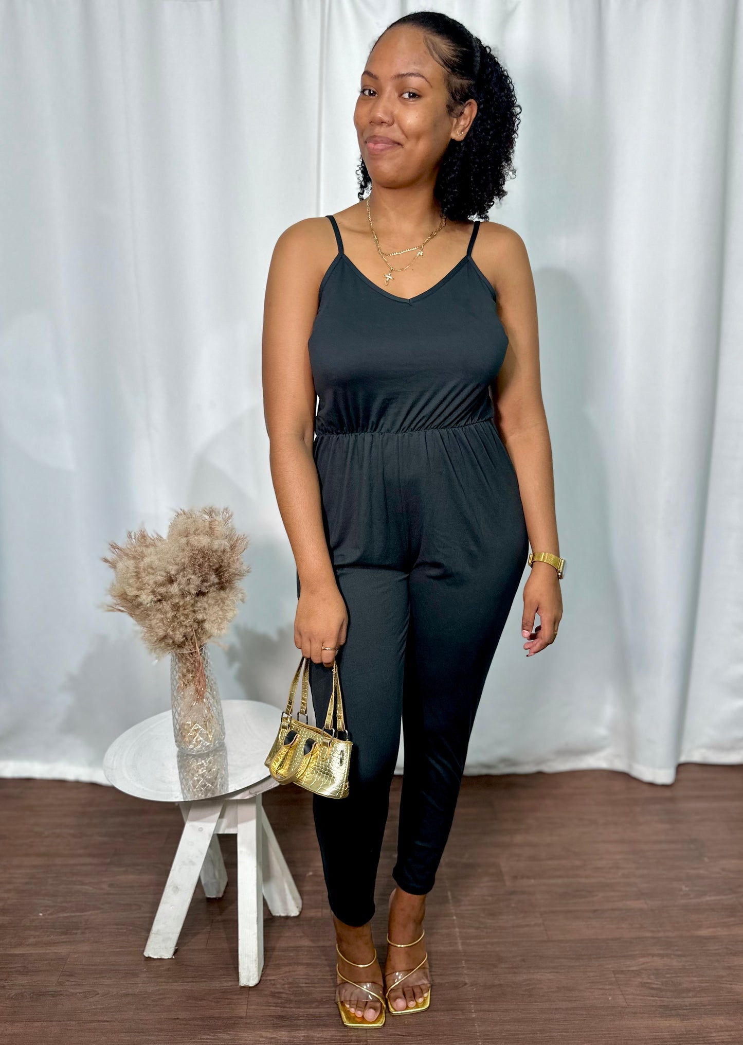 SPAGHETTI STRAP, ELASTIC WAIST BAGGY JUMPSUIT