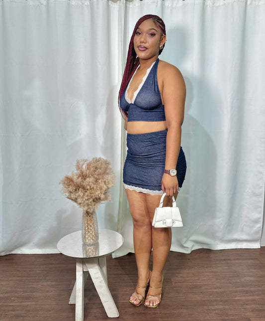 DENIM LACE TRIM 2PC SKIRT SET
